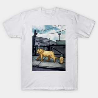 Lion walking in a city street T-Shirt